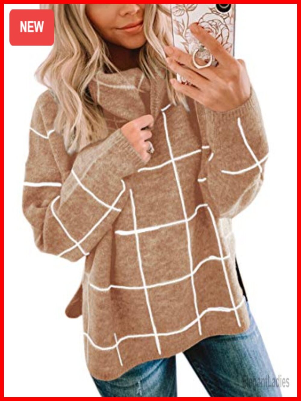 Women's Turtleneck Pullover Sweater Loose Casual Chunky Knit Plaid Long Sleeve